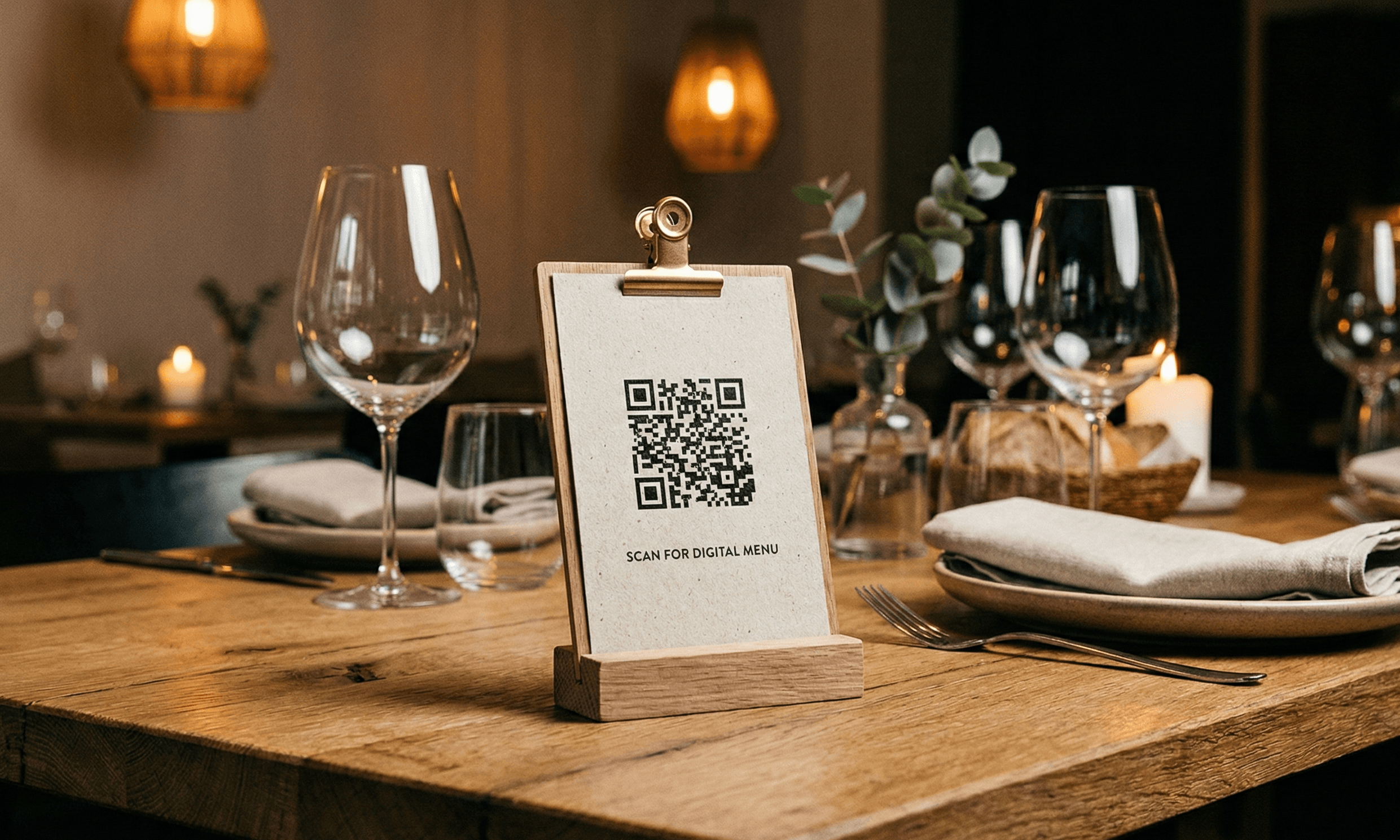 Restaurant QR code menu setup on table with digital menu display