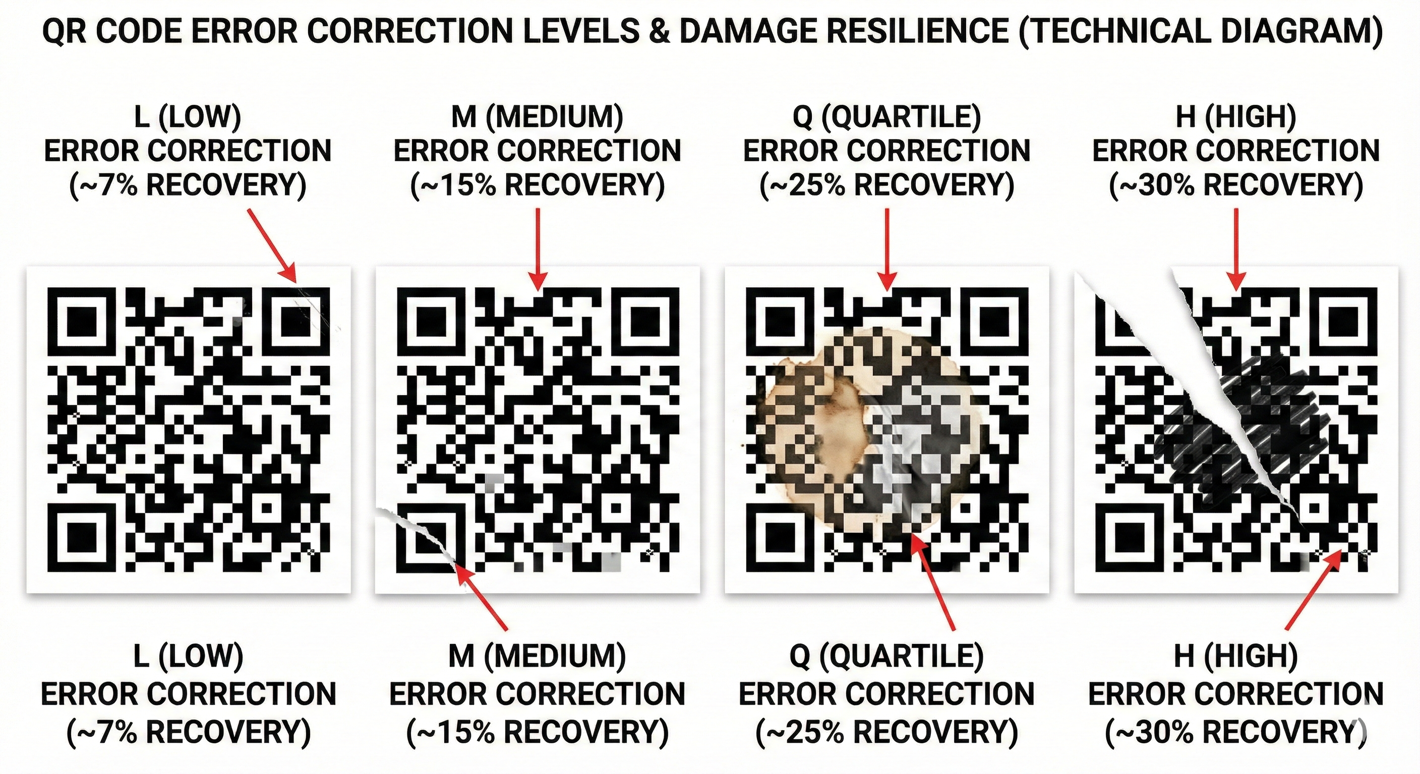 Visual comparison of QR code error correction levels L, M, Q, and H with recovery percentages