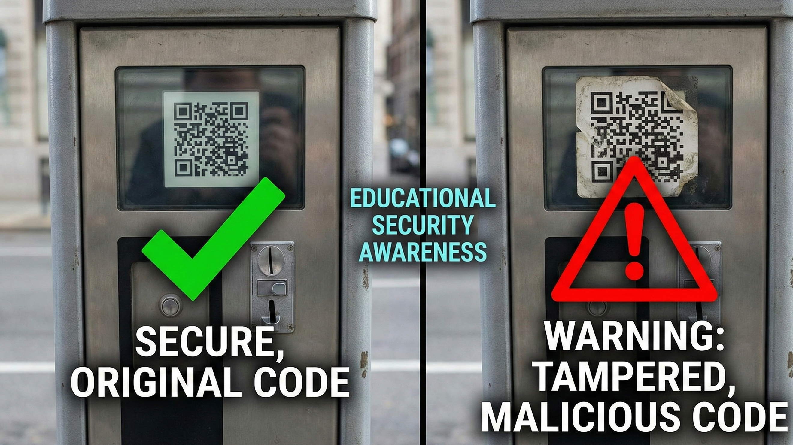 Warning visual showing malicious QR code overlay attack versus legitimate code