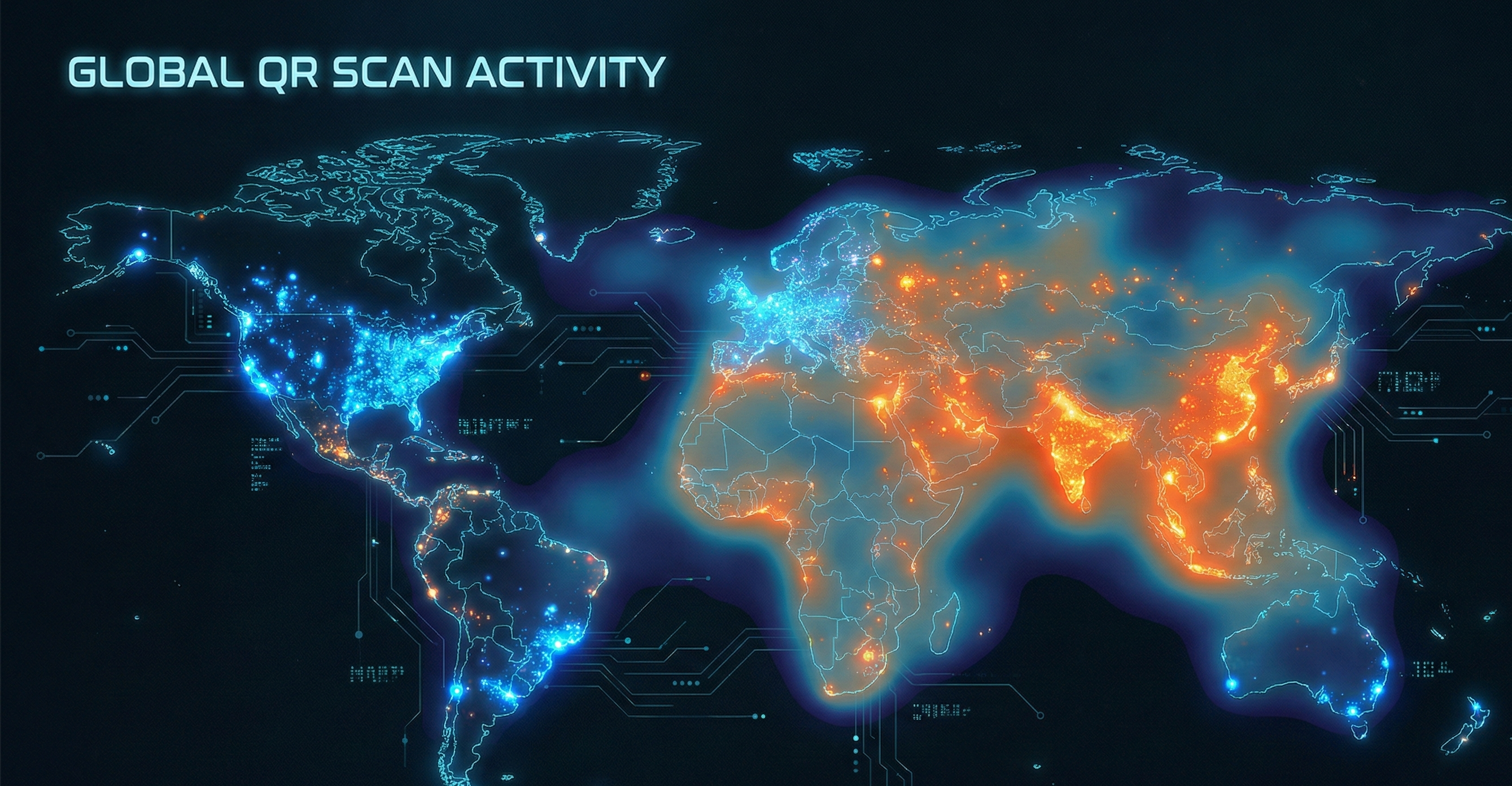 World map showing QR code scan locations with heat map visualization